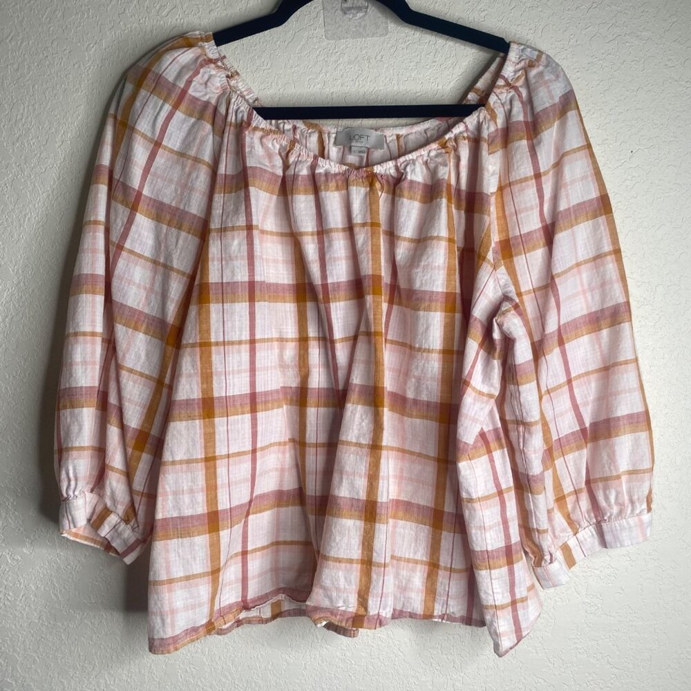 Loft Outlet Off-Shoulder Top Womens Size M Pink & Yellow Plaid Cotton Lightweigh
